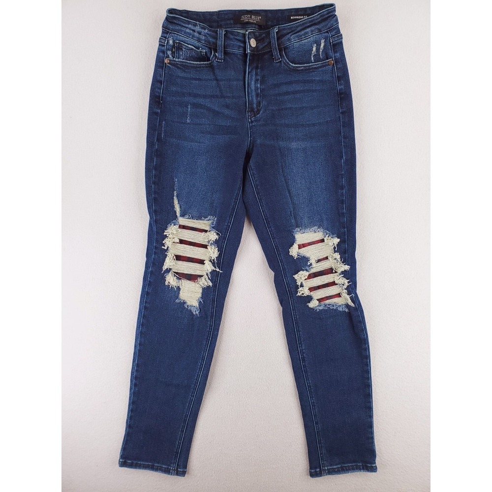 Judy Blue Jeans Womens 26 Boyfriend Distressed Plaid Patchwork Mid Rise Pants